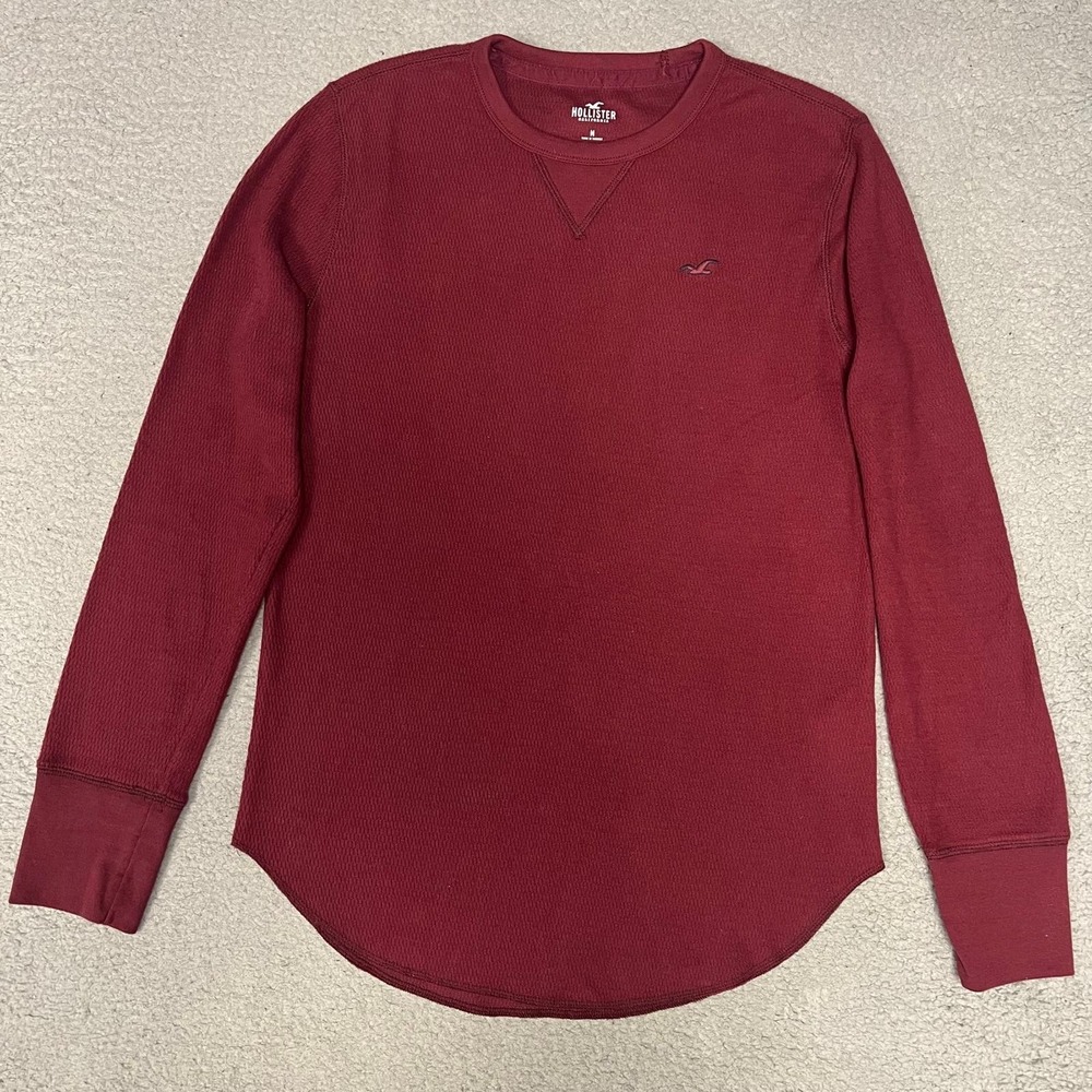 Hollister Thermal Shirt Men's‎ Size M Red Waffle Knit Curve Hem Long Sleeve